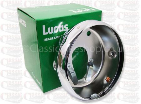 Lucas 7'' Inch Headlamp Shell c/w Rim/ Chrome Flat Back/ 3 Warning Lights/ 1 Switch